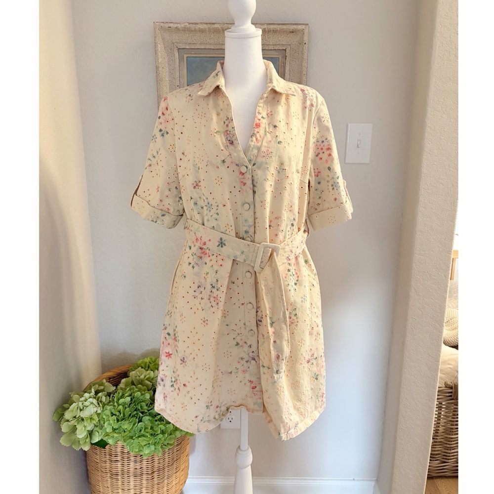 Solitaire x Anthropologie Eyelet Belted Button Down Floral Dress Sz Large